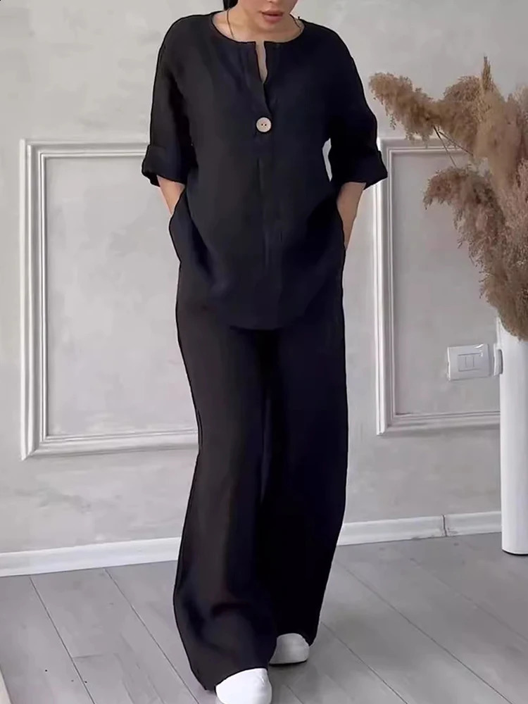Casual Women Solid V Neck Set Fashion Autumn Spring Two Piece Cotton and Linen Sets Shirt Top Wide Leg Pant Long Sleeve Suit y240815