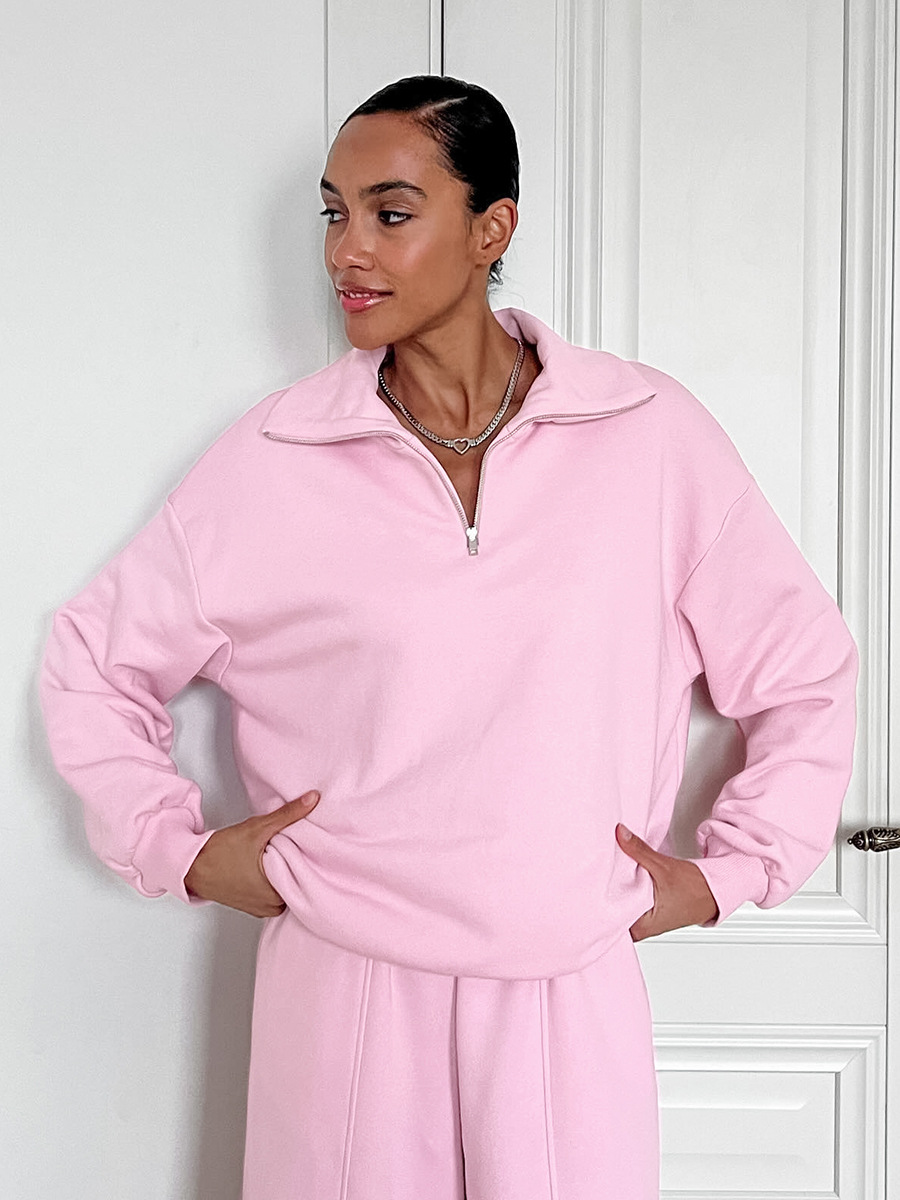 Autumn and winter pink looped cloth hoodie set for womens casual polo shirt and sweatpants two piece set womens clothing