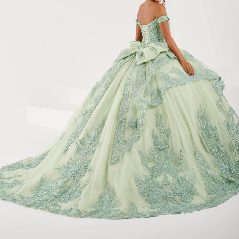 Green Quinceanera Dress Ball Gown Off The Shoulder Birthday Party Appliques Lace Beads Tull Sweet 16 Vestidos De 15 Anos