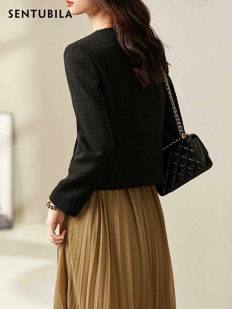 SENTUBILA Black Cropped Tweed Jacket for Women Autumn Winter Single Breasted Fashion Korean Style Jacket Coats 123W42756 240812