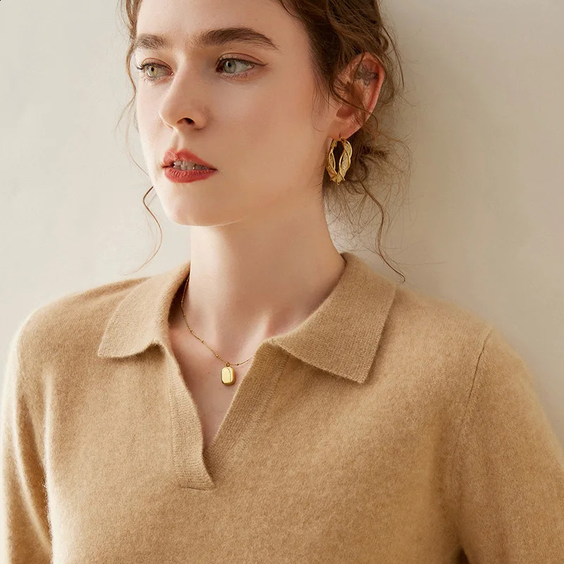 Winter Pure Cashmere Knitted Pullover V-Neck Long Sleeve Cashmere Womens POLO Neck Sweater Top Womens Style 240812