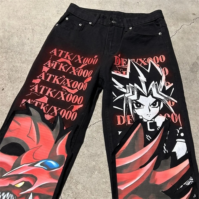 Harajuku y2k baggy jeans blue eyes white dragon print wide leg denim pants anime jeans streetwear trouser men clothing 240810
