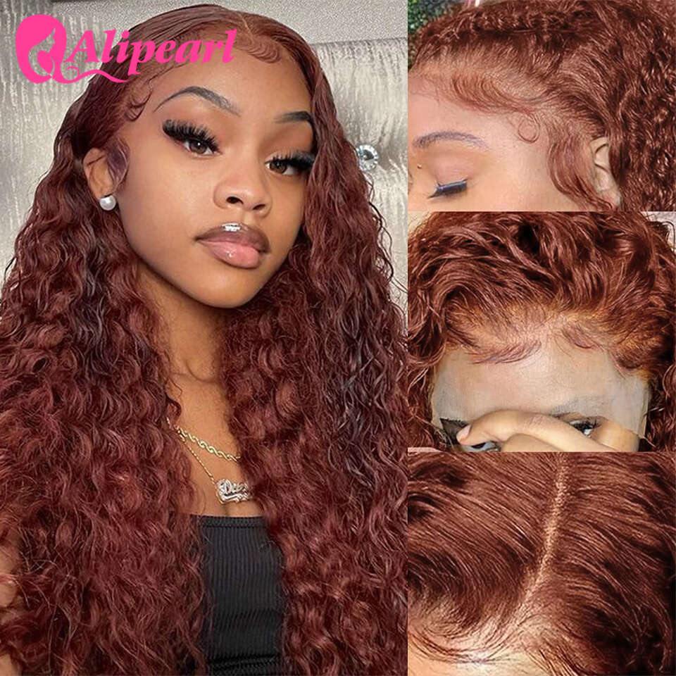 Alipearl Kinky Curly Human Hair Wigs Reddish Brown Transparent 13X4 Lace Front Preplucked For Women Peruvian Wig