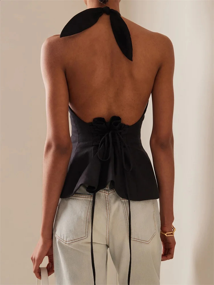 CHRONSTYLE Sexy Women Summer Fashion Tank Tops Solid Color Sleeveless Backless Tie-up Halter Off Shoulder Ruched Vest Streetwear 240812 - view 4