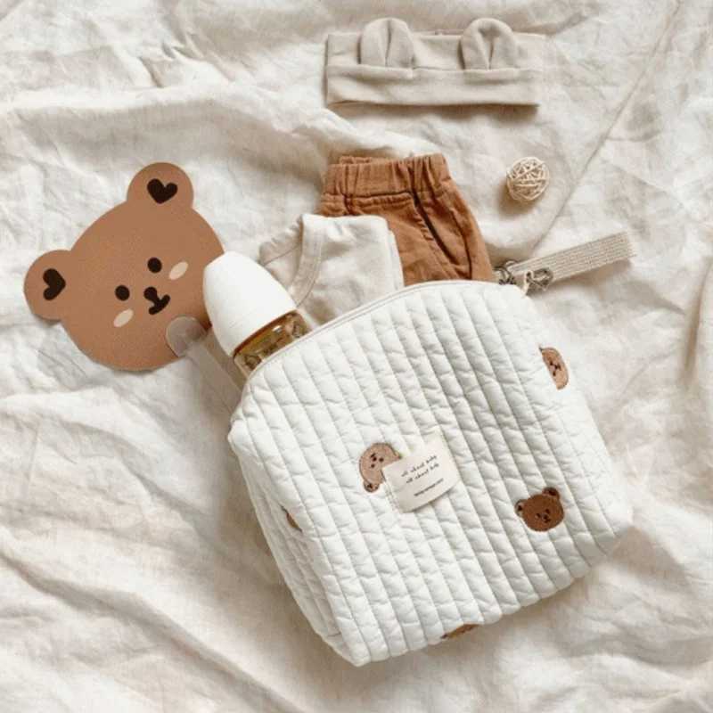 Cotton baby urine bag poop bag travel cart storage bag Korean Ins cute bear embroidery mother bag handbag W240812