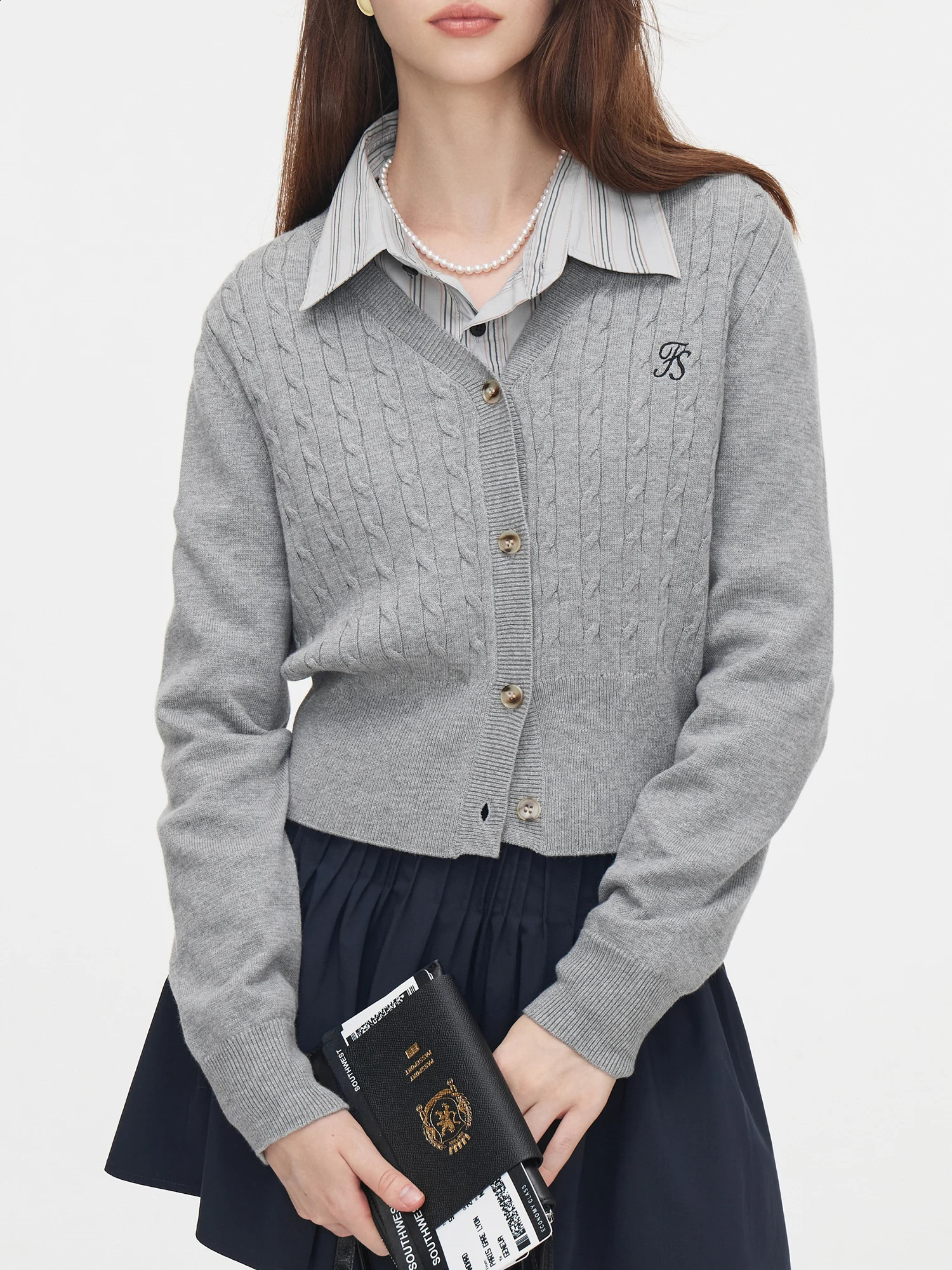 FSLE Women Grey Sweater Cardigans V-neck Single Breasted Office Lady Autumn Short Knitted Long Sleeve Coats 24FS13163 240812
