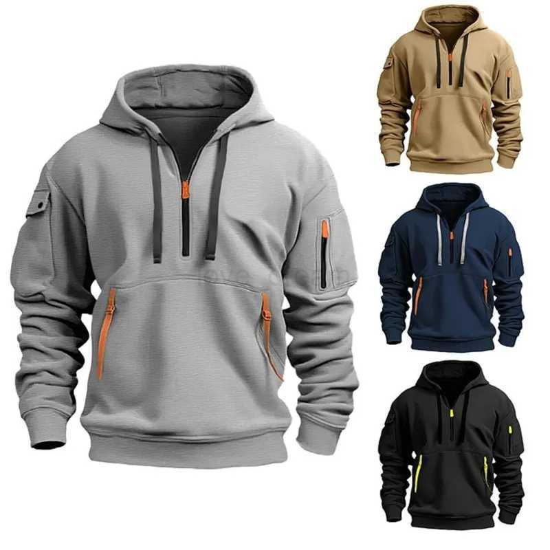Mens Hooded Sweater Leisure Sports Pullover Retro Harajuku Long Sleeve Zipper Multi-pocket Casual Loose Coat Street WearXJ240812