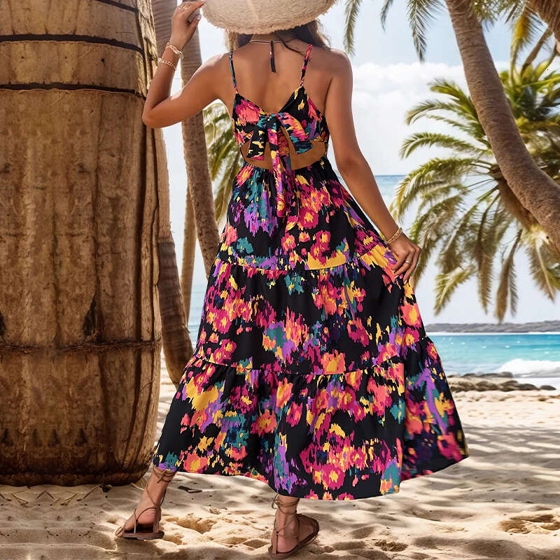 Solid 2024 Summer New Tiktok Skirt Print A-line Long Split Hanging Strap Open Back Dress Chiffon Floral Dress Self-cultivation Short Waist SKINNY DRES