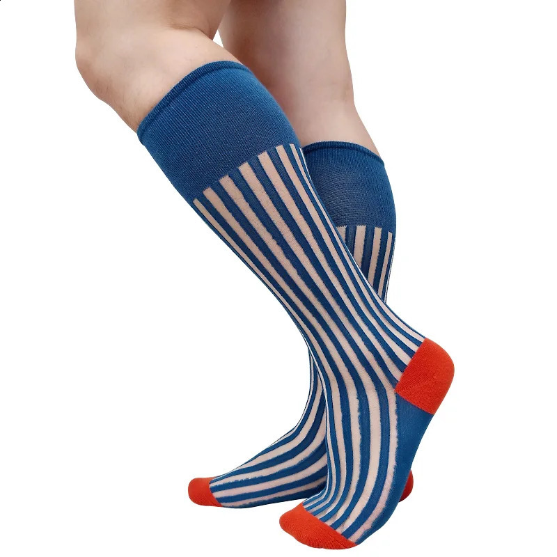 See Through Striped Mens Formal Socks Over the Calf Dress Suit Male Sexy Stocking Lingerie Business Long Tube Hose Softy Funny 240812