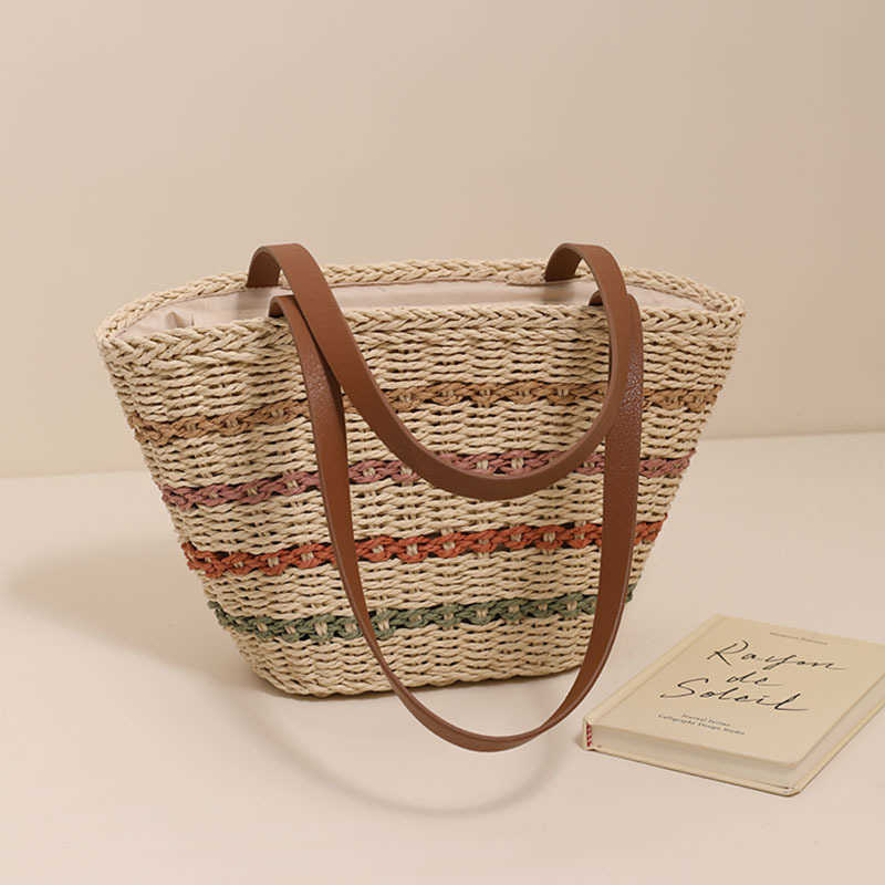 CMM Colorful Striped Single Shoulder French Woven Bag New Large Capacity Woven Bag Womens Beach Vacation Style Beach Bag