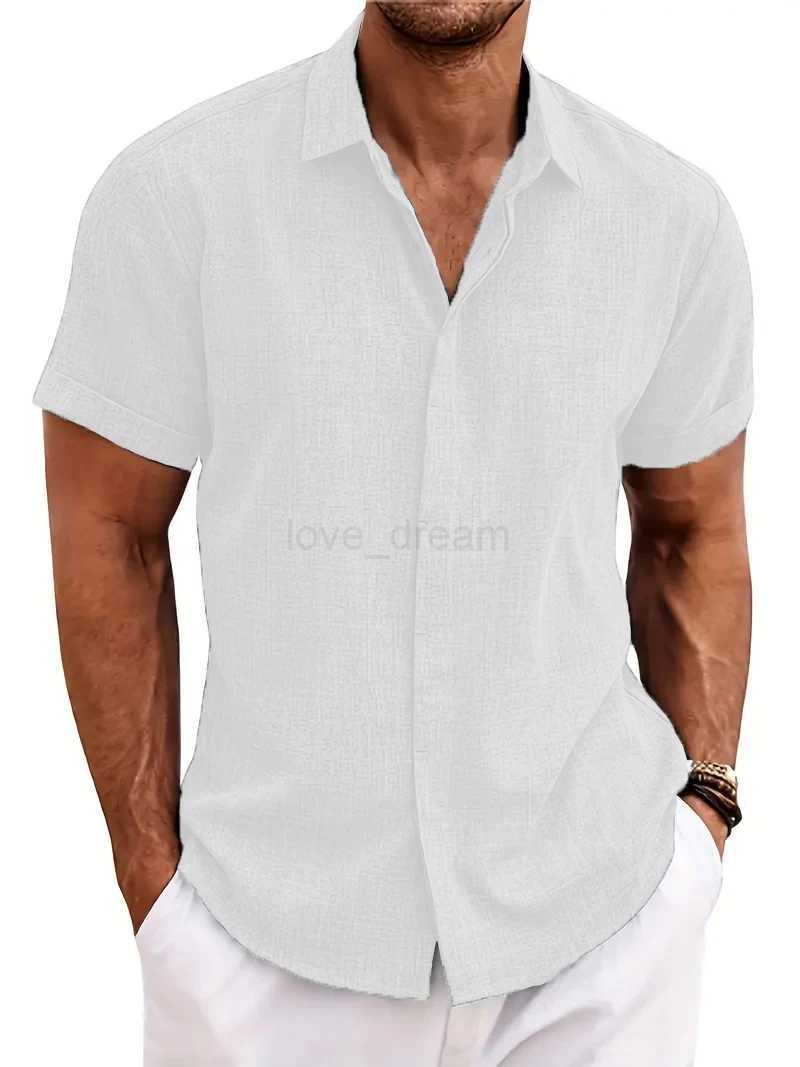 2024 new hot-selling mens short-sleeved shirt summer solid color lapel hidden buckle casual beach fashion high street topXJ240812