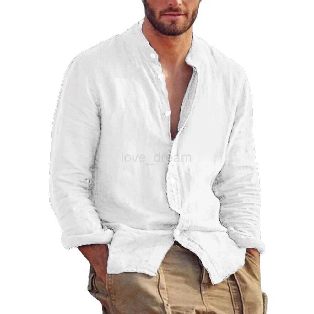Mens Solid Color Long Sleeve Shirt Linen Cotton Shirts Trend Plus-size Stand Collar Casual Lightweight Beach TopsXJ240812