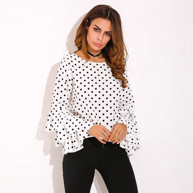 Polka Dot Shirts Women Retro Summer Blouse Ruffles Long