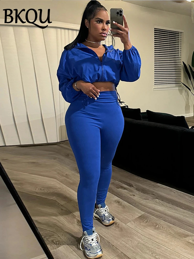 BKQU Solid Tracksuit Casual 2 Piece Sets Women Long Sleeve Drawstring Zipper Coats Skinny Pants Daily Street Outfits Autumn 240812