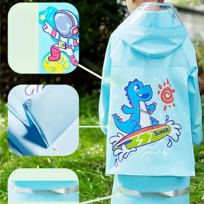 PVC Cute Kids Raincoat Waterproof Children Dinosaur Unicorn Rain Poncho Rain Coat Jacket With Backpack Position Student RainWear Y240810