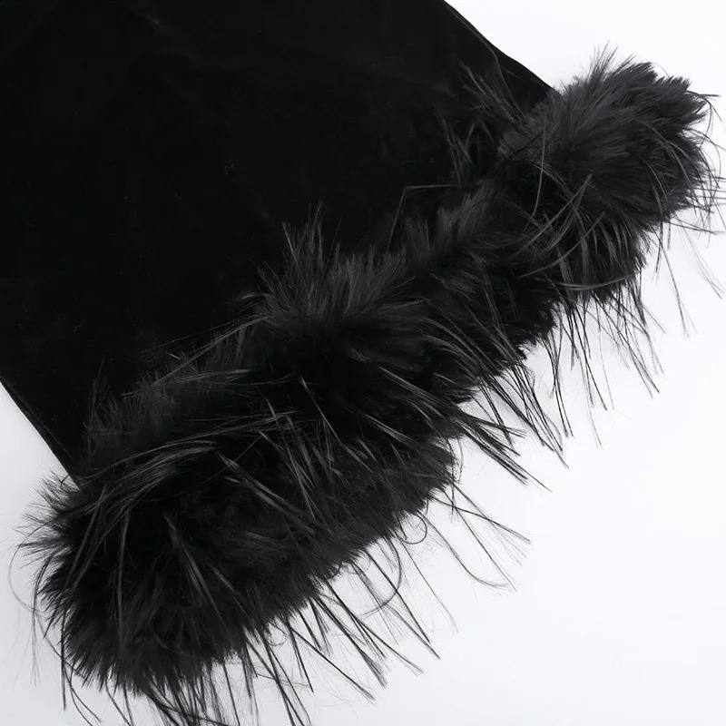 Long Dress With European And American Style Fashionable Fur Waist And Mesh Splicing Korean Velvet Dress For Women YL23648PF 240812