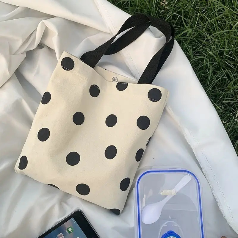 Fashion Solid Color Canvas Small Shopper Bag Women Black Large Capacity Dots Shoulder 240812