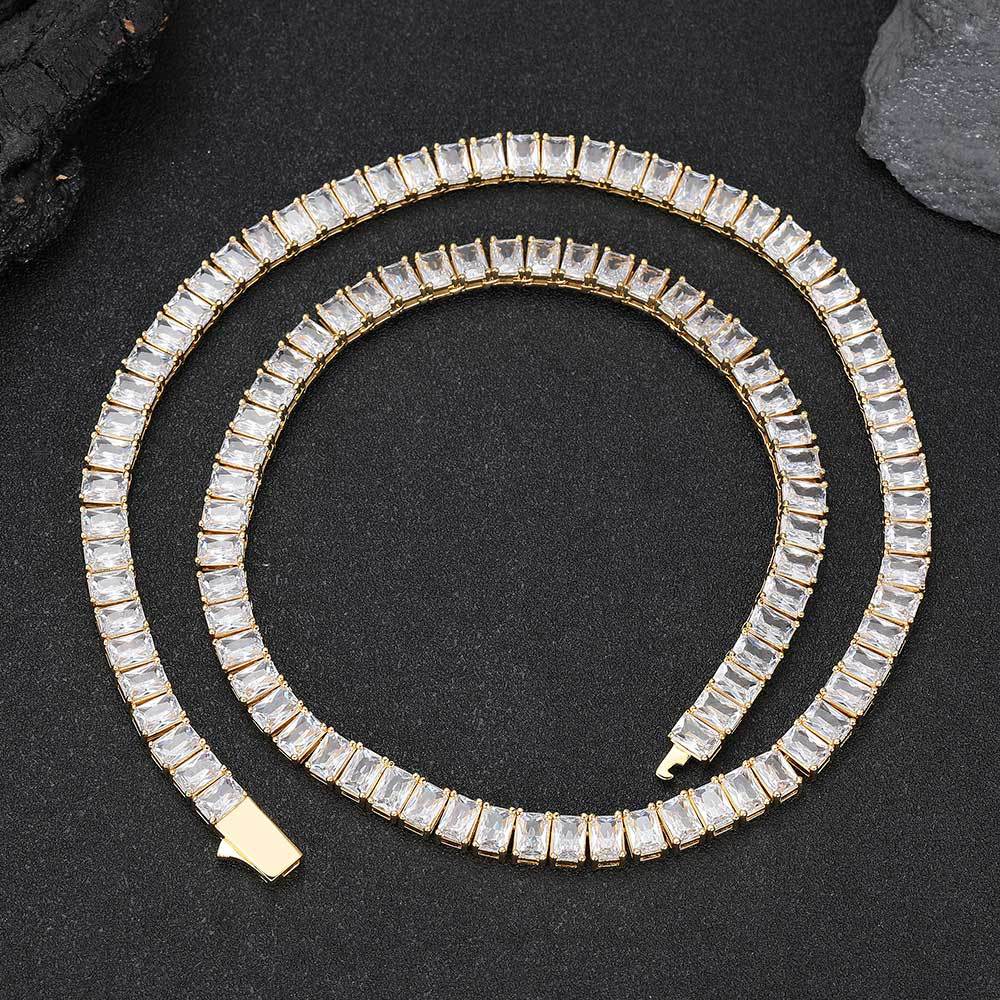 Hip Hop 6mm Square 5A Zircon Tennis Chain Necklace Bracelet 18k Gold Plated Jewelry Set