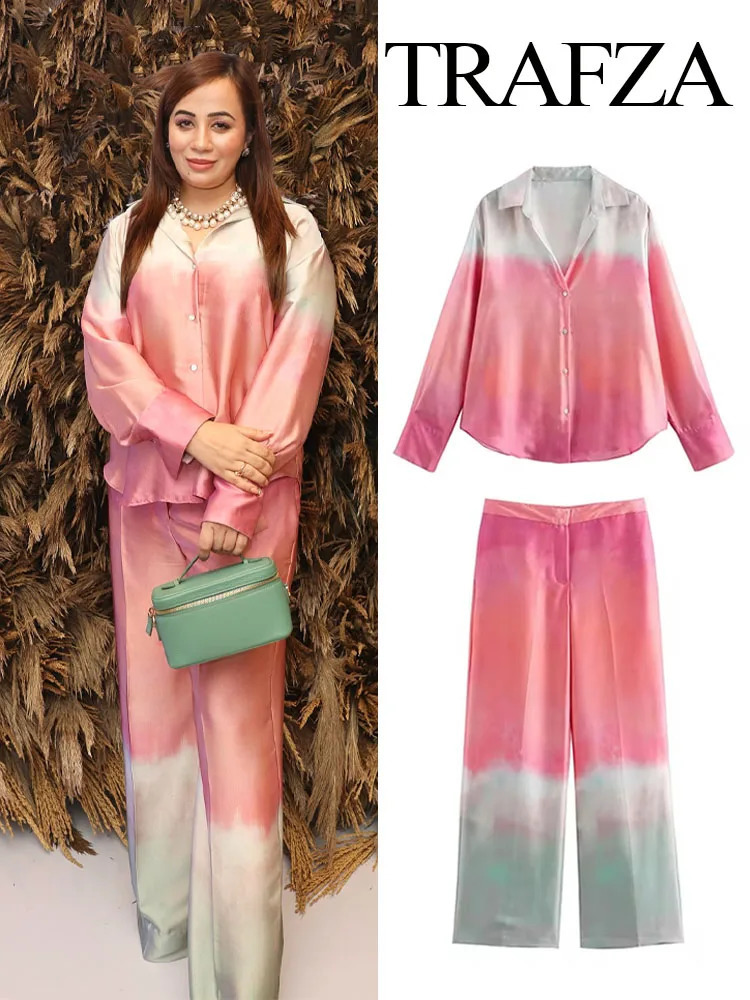 TRAFZA Women Summer Tie Dye 2-Piece Set Vintage Turn Down Collar ShirtHigh Waist Gradient Pockets Zipper Casual Wide Leg Pant 240812