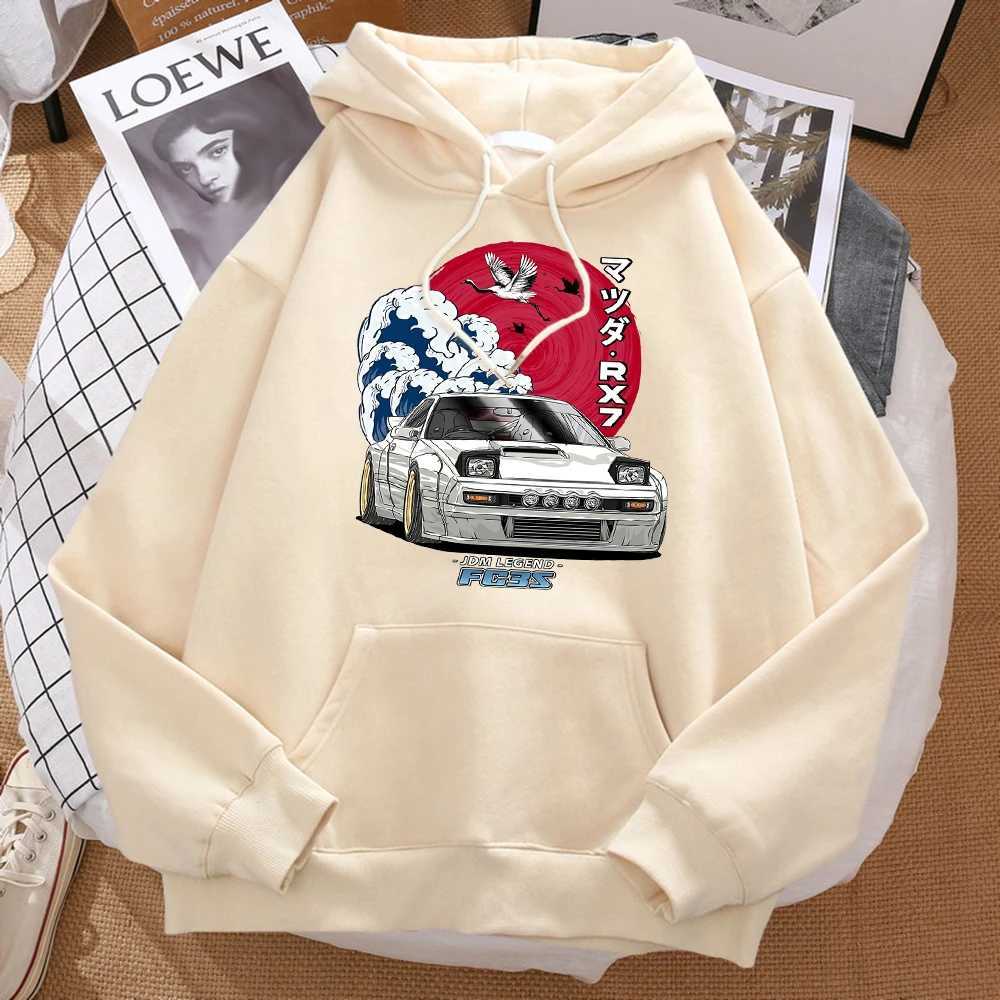 Japanese car wave crane red sun print hoodie mens fashionable oversized sportswear autumn pocket warm hoodieW240724