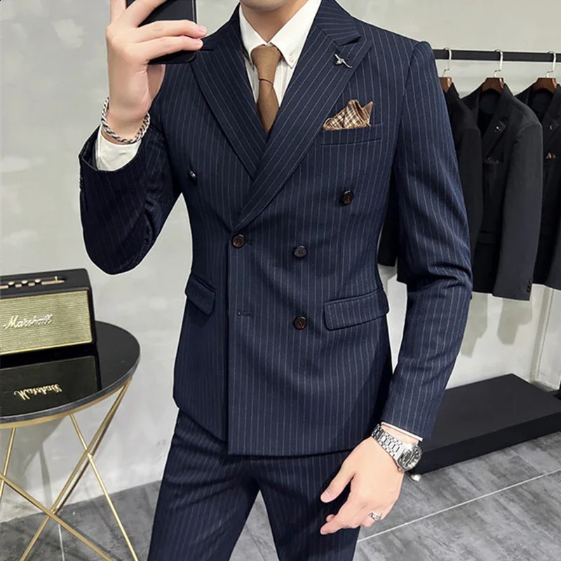 Fashion Mens Boutique Business Slim Wedding Striped Double Breasted Suit Blazers Jacket Pants Trousers Vest 3 Pcs Set 240812