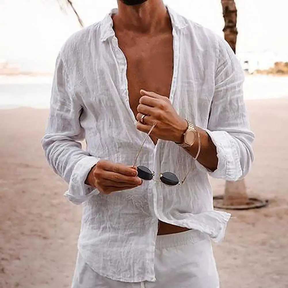 Cotton Linen Men Lapel Long Sleeve Shirt Tops Pleated Thin Solid Color Single Breasted V-neck Casual Shirt Tops Breathable ShirtXJ240812