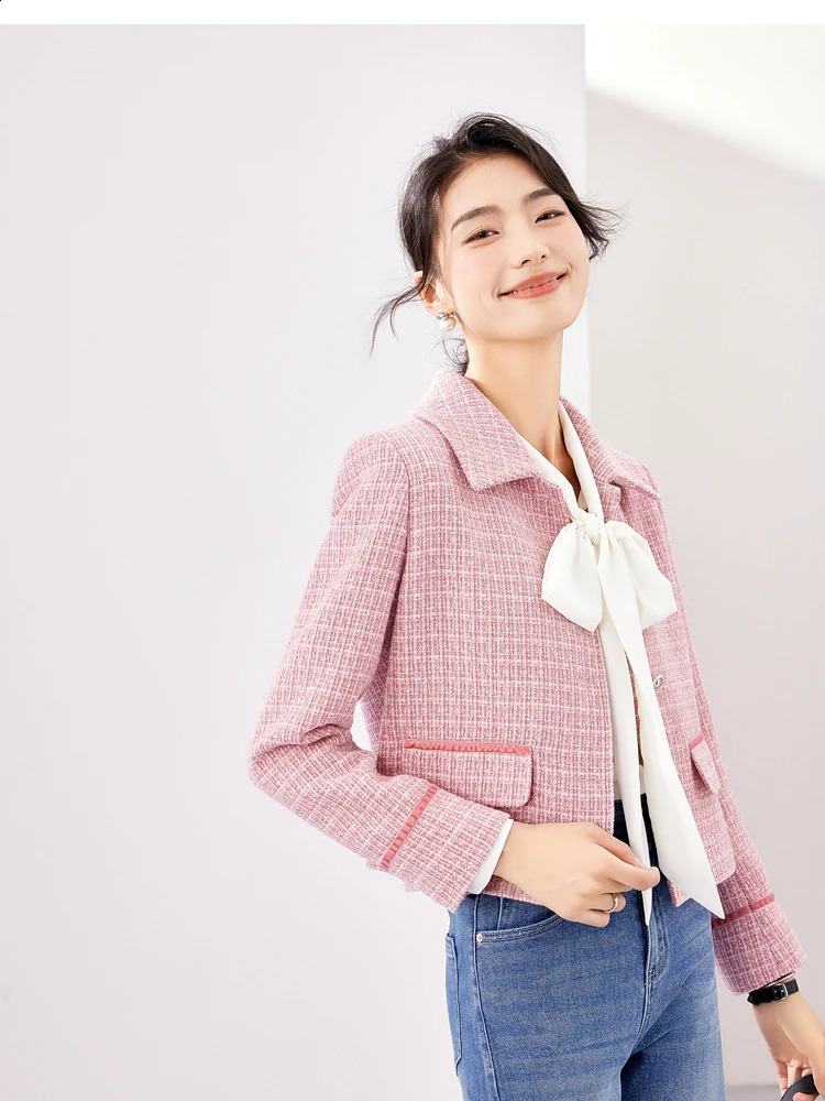 Vimly Elegant Pink Tweed Jacket Autumn Winter Clothes Women Single Breasted Long Sleeve Lapel Texture Coat Outerwear M2891 240812
