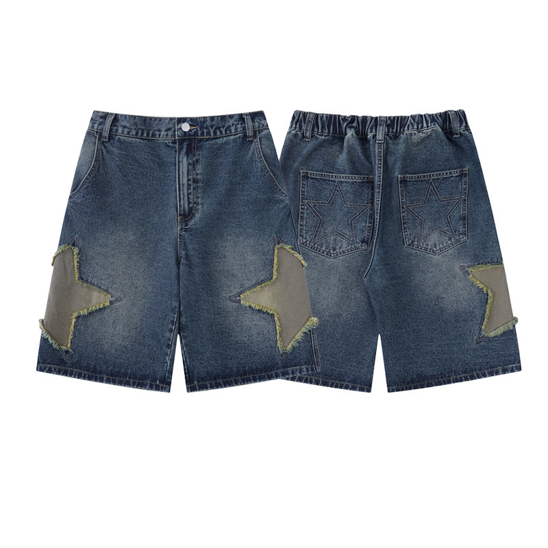Mens Clothing American Street Hip-hop China-chic Style Star Patch Jeans for Mens Summer Short Loose