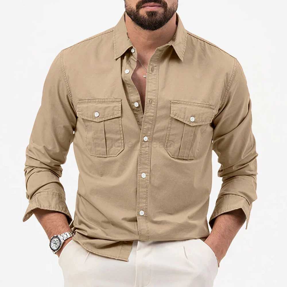 Mens Casual Shirt Fashion Solid Color Long Sleeve Multi-pocket Lapel Button Military Tactical Shirt Holiday Party Casual ShirtXJ240812