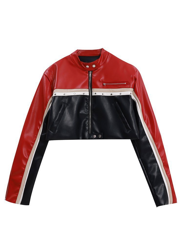 Women's Jackets Patchwork Color Motorcycle Girls PU Leather Short Jacket Women Fashion Stand Neck Zipper Slim Thin Coat