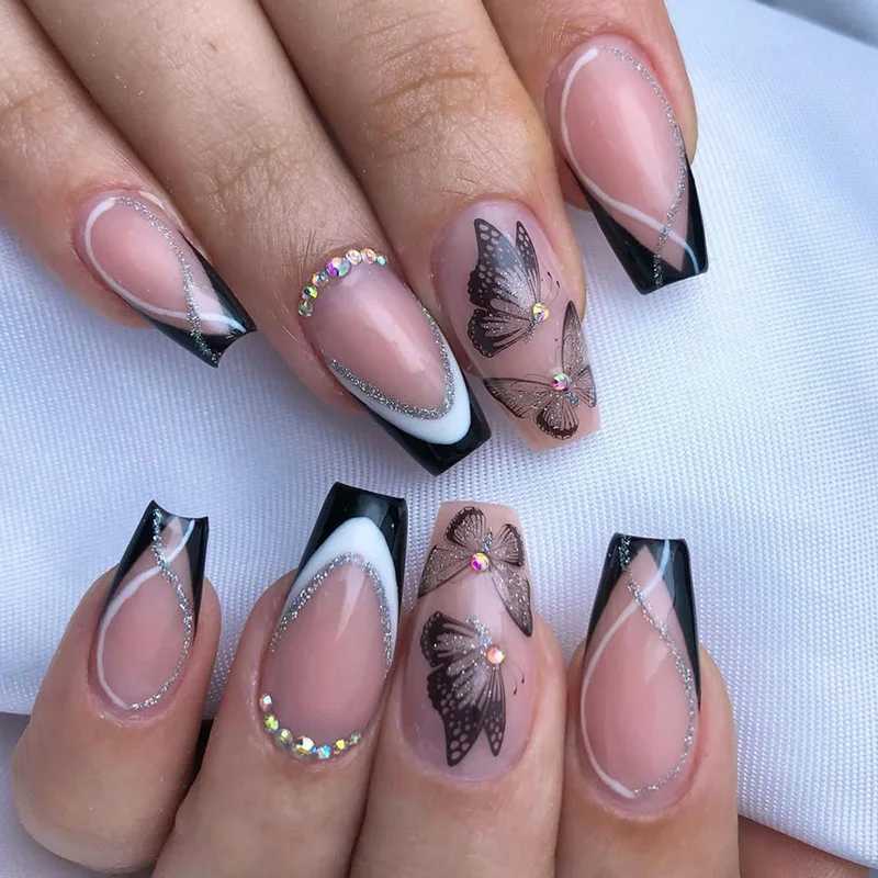24 pieces/Rectangular Head Ballet Fake Nail Marble Perforated Coffin Fake Nail Full Cover Acrylic Nail Tip Artificial Press Machine W240810