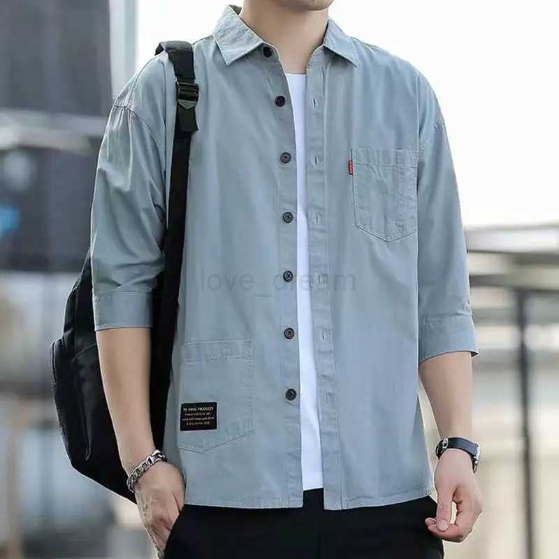 Solid Color Mens Casual Long Sleeve Lapel Casual Loose Handsome All-match Spliced Button Pockets Simplicity Three Quarter ShirtXJ240812