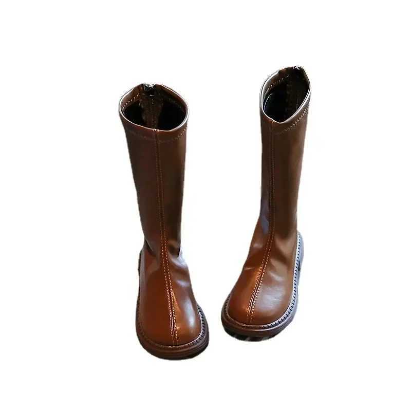 Childrens Leather Boots Spring 2023 New Casual Knight Boots Fashion Girls High Heels Soft soled Childrens Shoes W240810
