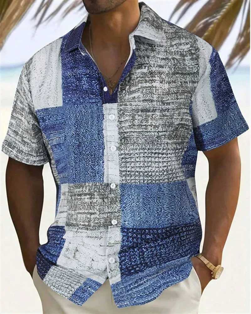 2024 Mens Color Block 3D Printed button-down Lapel Short Sleeve Shirt Large Size 5XL High quality Hawaiian Beach shirt TopXJ240812