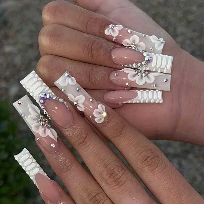 24 pieces of long ballet dancer fake nails pressed on nails snake shaped flowers and rhinestone French fake nails wearable white nail tips W240810