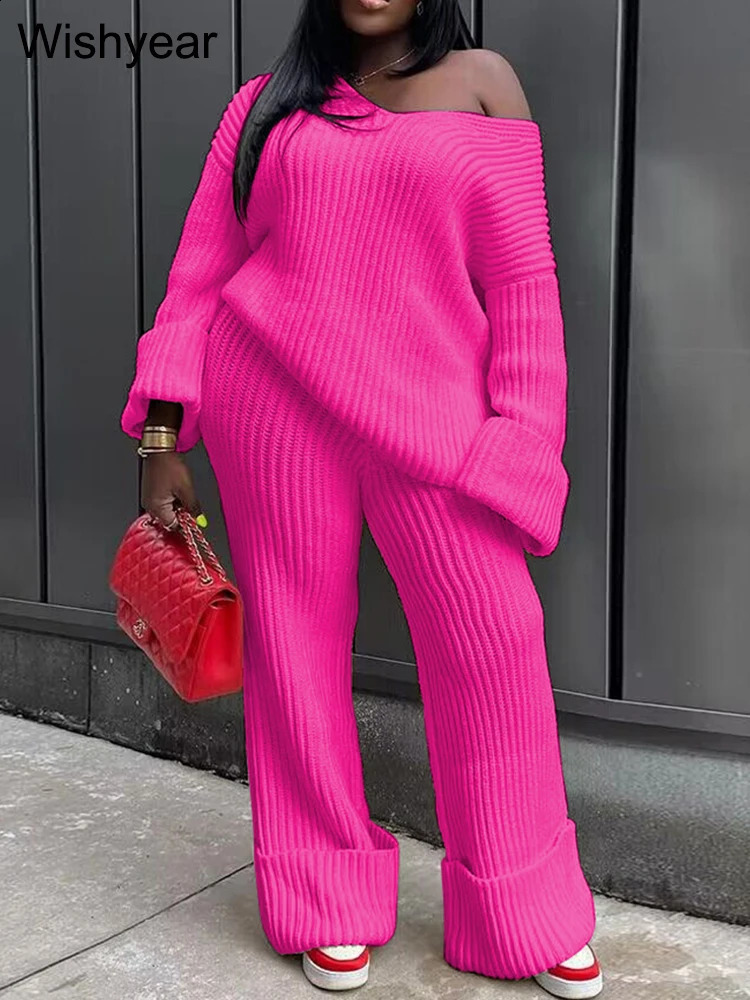 Sexy V Neck Off Shoulder Long Sleeve Sweatshirts Top Wide Leg Pants Knitted Two Piece Set Women Birthday Matching Loose Suits 240810