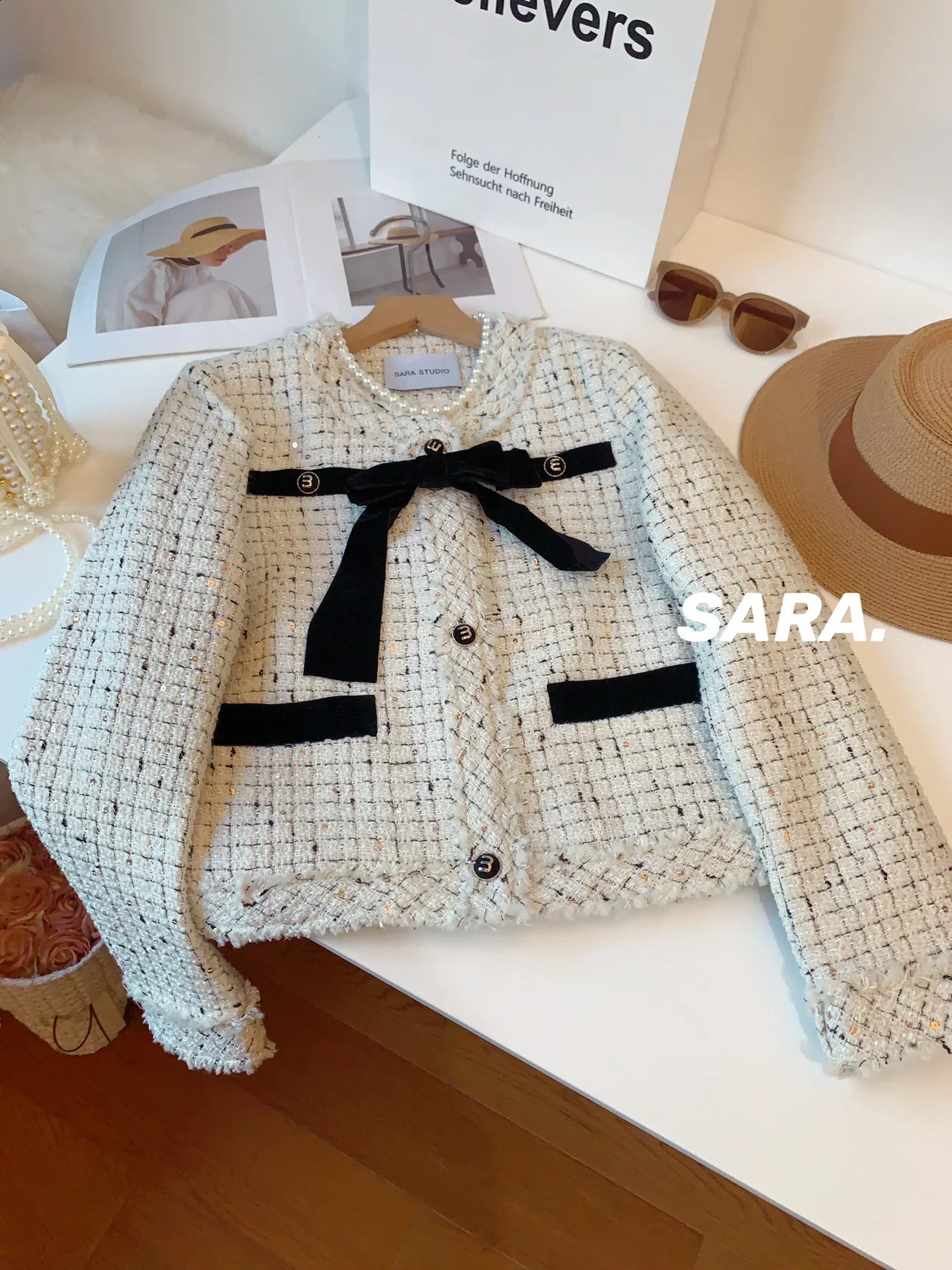 UNXX Bow-tie Wool Elegant Jacket Womens Autumn Winter Round Neck Tweed Woven Sequin Woolen Blazer Top High Quality Trendy 240812