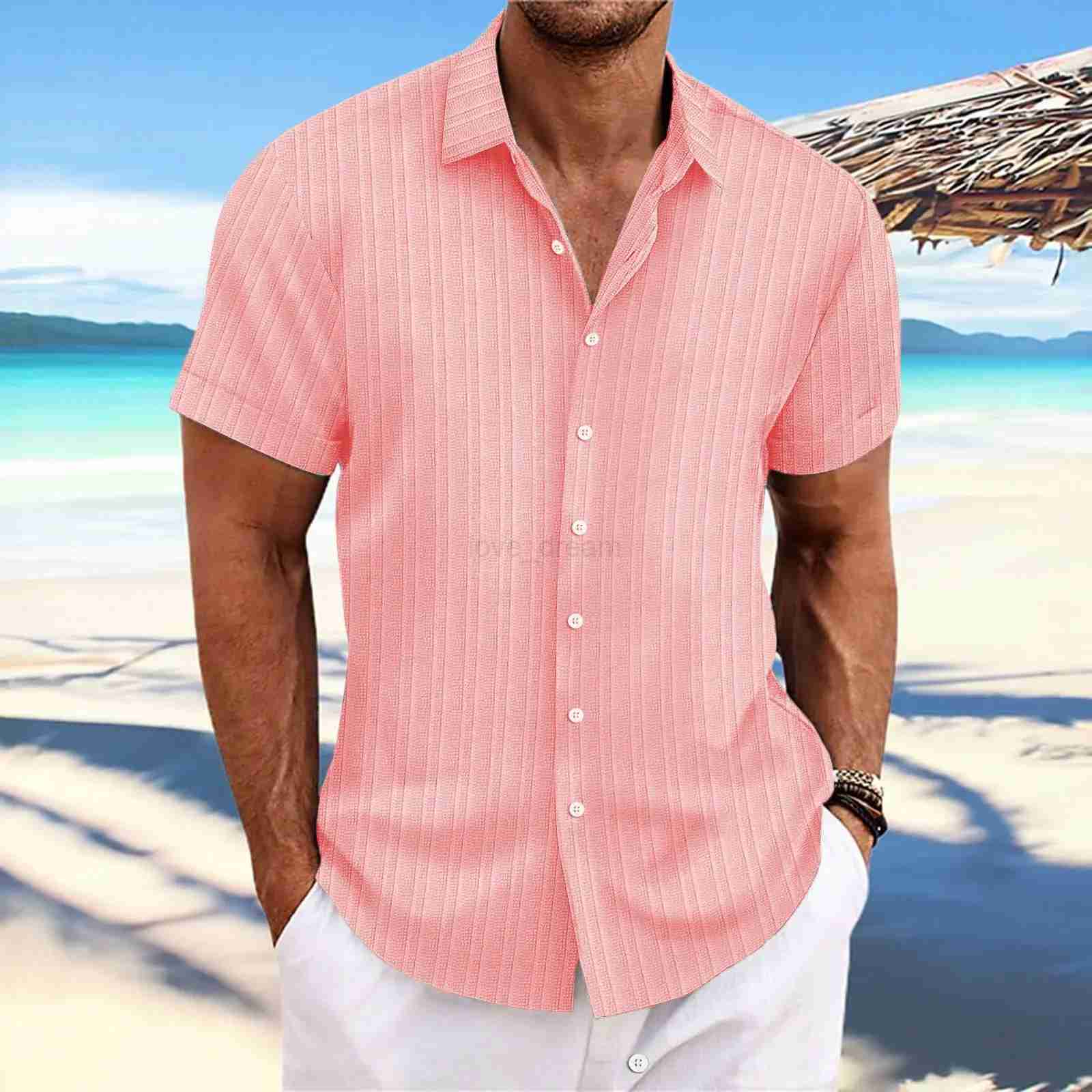 2024 New Mens Cotton And Linen Striped Trend jacquard Casual Loose Short Sleeve ShirtXJ240812
