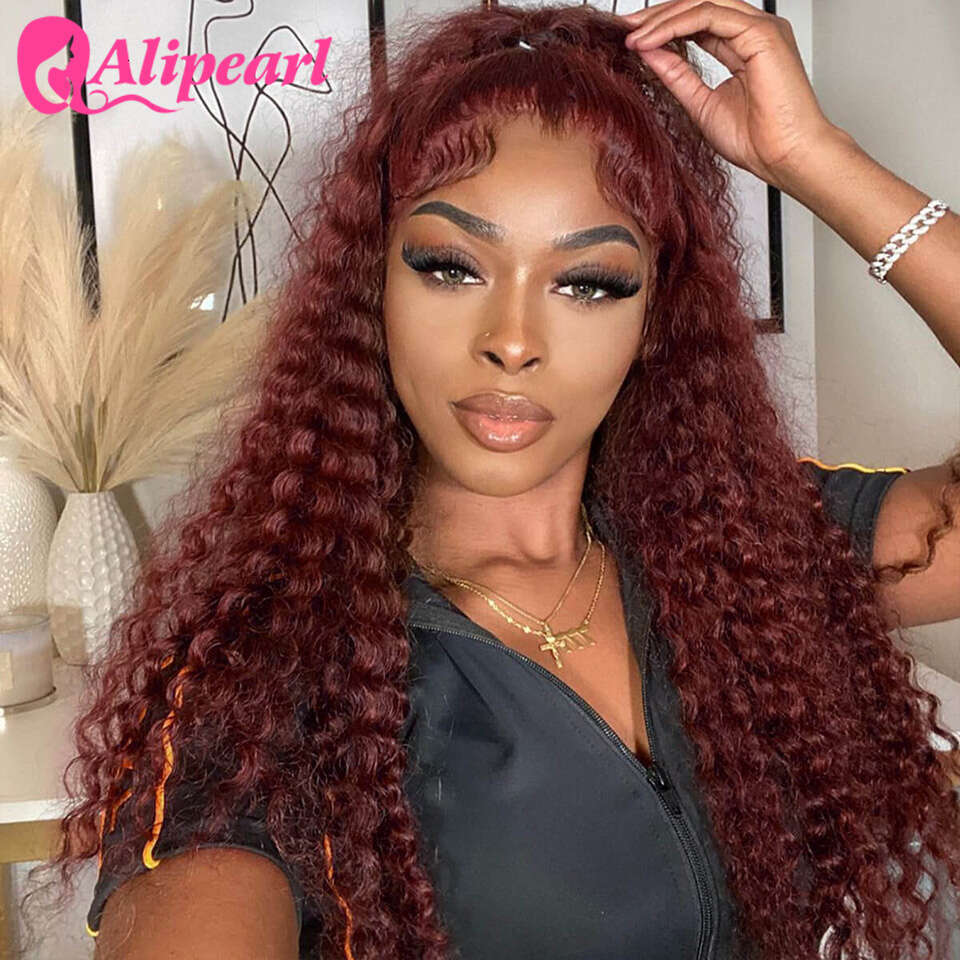 Alipearl Kinky Curly Human Hair Wigs Reddish Brown Transparent 13X4 Lace Front Preplucked For Women Peruvian Wig