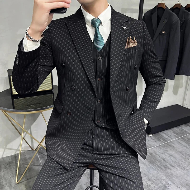 Fashion Mens Boutique Business Slim Wedding Striped Double Breasted Suit Blazers Jacket Pants Trousers Vest 3 Pcs Set 240812