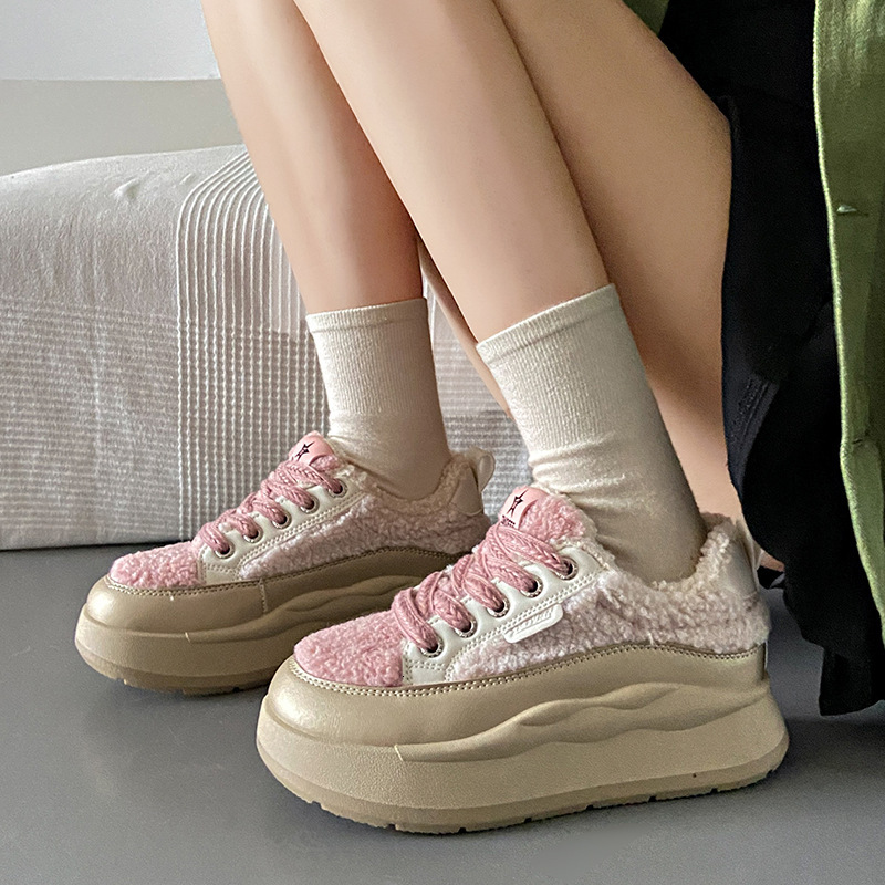 Ddmysports Plush Pink Dad For Women Autumn And Winter New Versatile Thick Sole Elevated Casual Cotton Shoes BR Outdoor