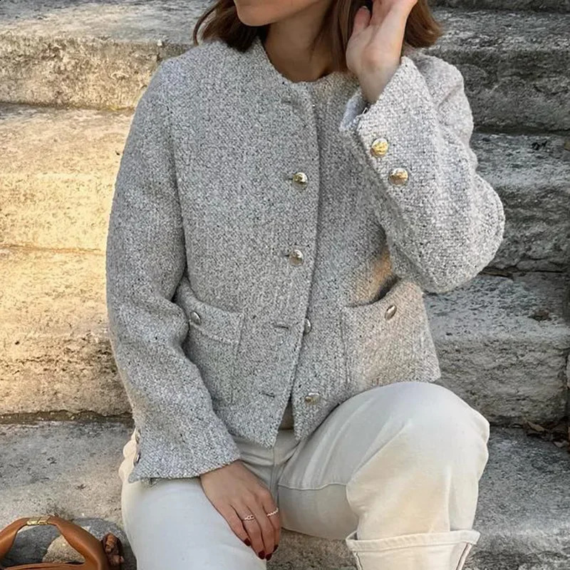 Elegant French Style Womens Jacket Cropped Single-breasted Round Neck For Autumn/winter Tweed Crossbody Fashion 240812
