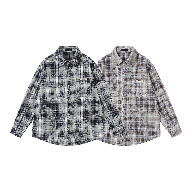 American Tie Dye Checkered Long Sleeved Shirt Mens Trendy Style Loose Fitting Couple Shirt Jacket