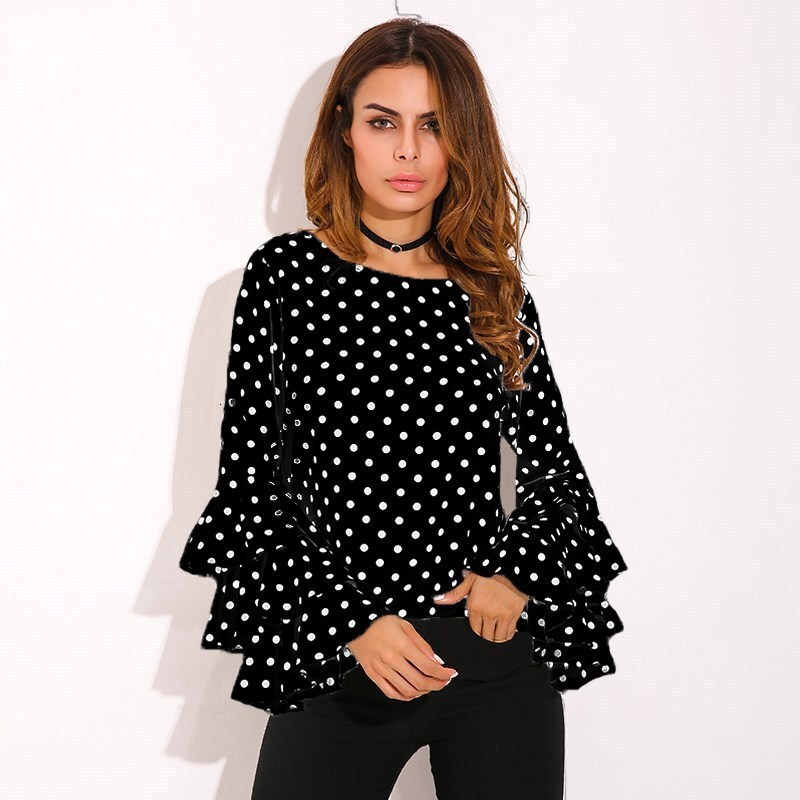 Polka Dot Shirts Women Retro Summer Blouse Ruffles Long