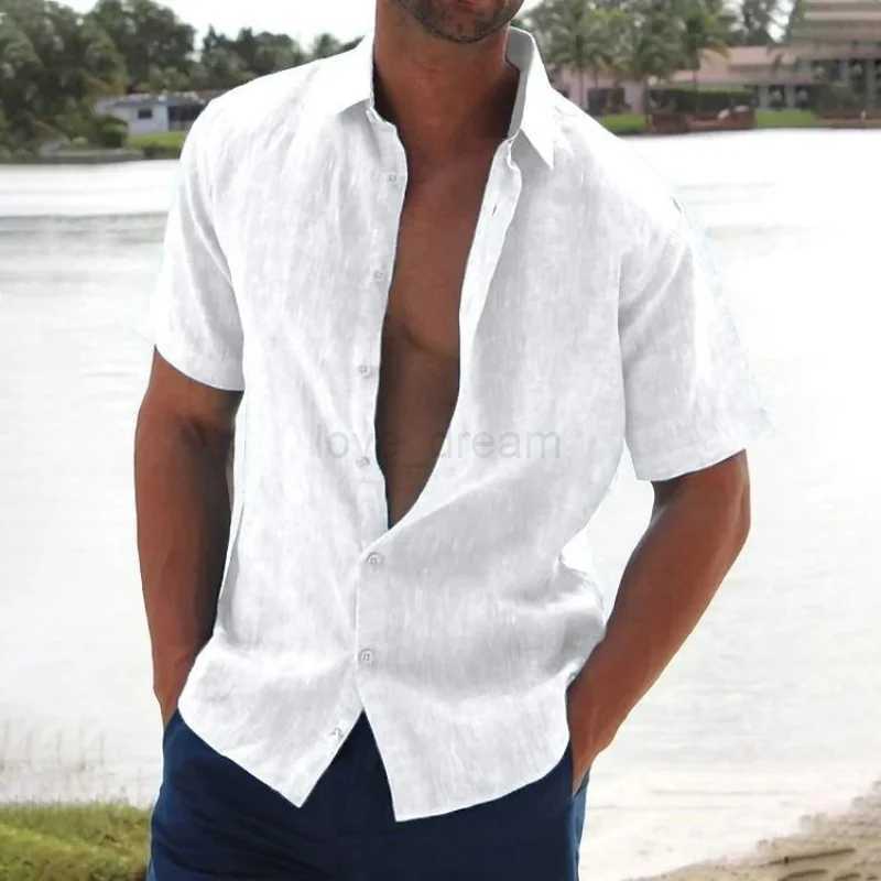 2024 Fashion Casual Mens solid color lapel top Summer loose beach cotton Short-sleeved ShirtXJ240812
