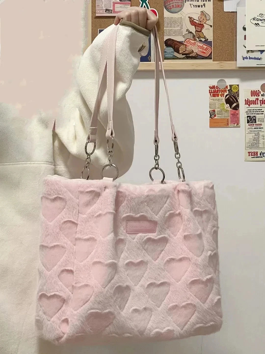 Cute Furry Womens Casual Tote Bags Love Heart Ladies Sweet Shoulder Underarm Solid Color Female Fashion Plush Handbags 240812