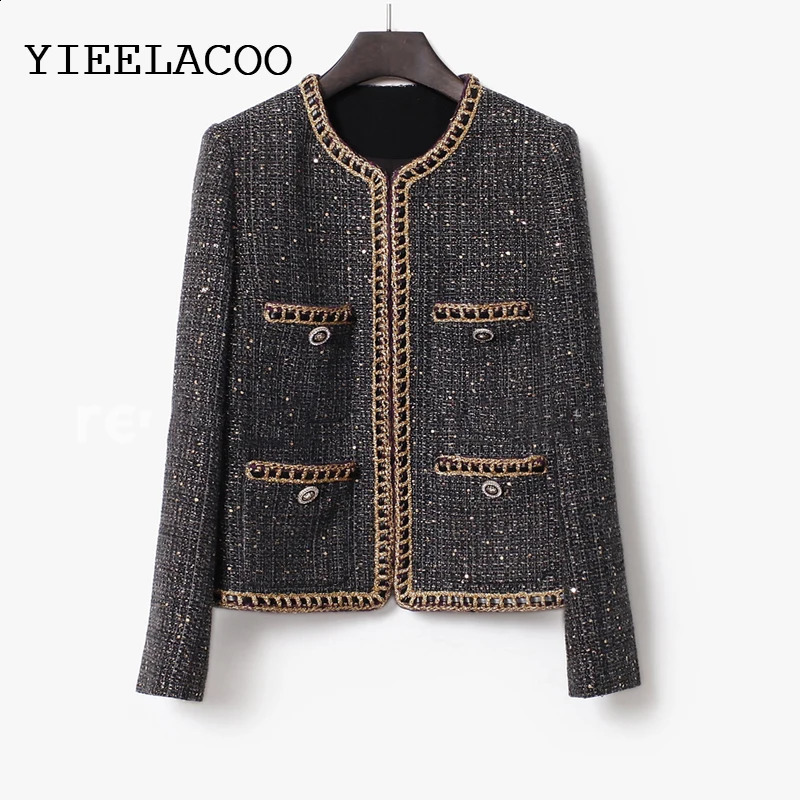 Brown Tweed Outerwear Spring /Autumn / Winter Coat Temperament One Piece Round Neck Casual Womens Jacket 240812