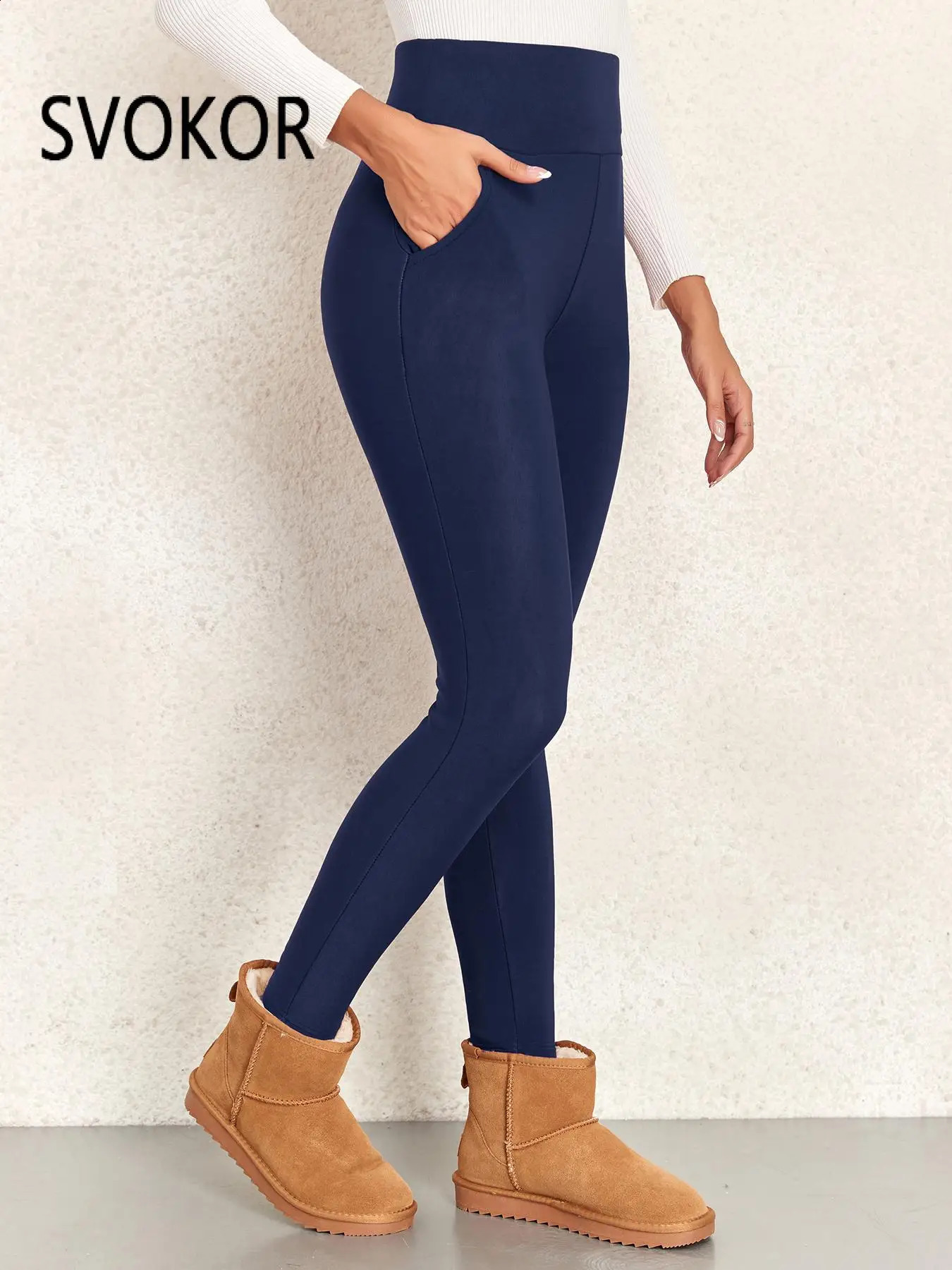 SVOKOR Lamb Velvet Leggings with Pockets for Women Winter Warm Tight Elastic High Waist Thicken Soft Pant Solid Thermal Legging 240812