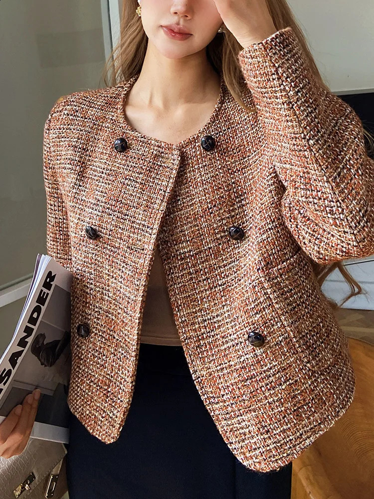 Dabuwawa Double Breasted Tweed Coat Vintage Women Collection O Neck Jacket Light Weight Fancy Suiting DM1COT019 240812