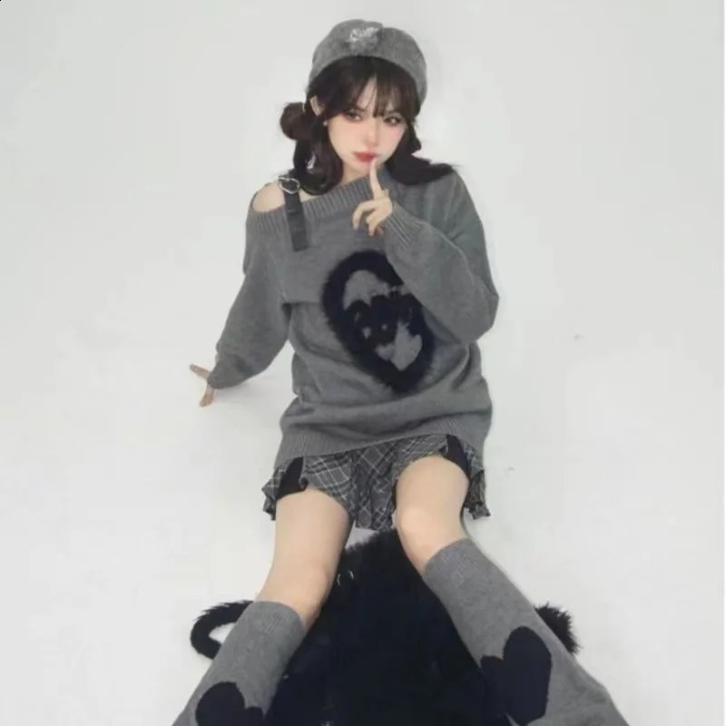 Grey Women Pullovers Sweaters Casaul Off The Shoulder Casual Harajuku Gothic Punk Jumpers Lloose Y2k Japanese Sweater 240812